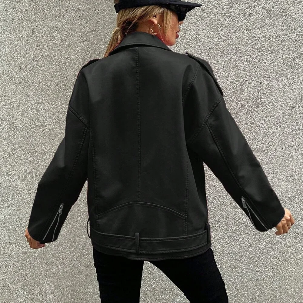 Black Casual Women's Zip Up Flap Detail Belted Moto Jacket - Picture 2 of 5